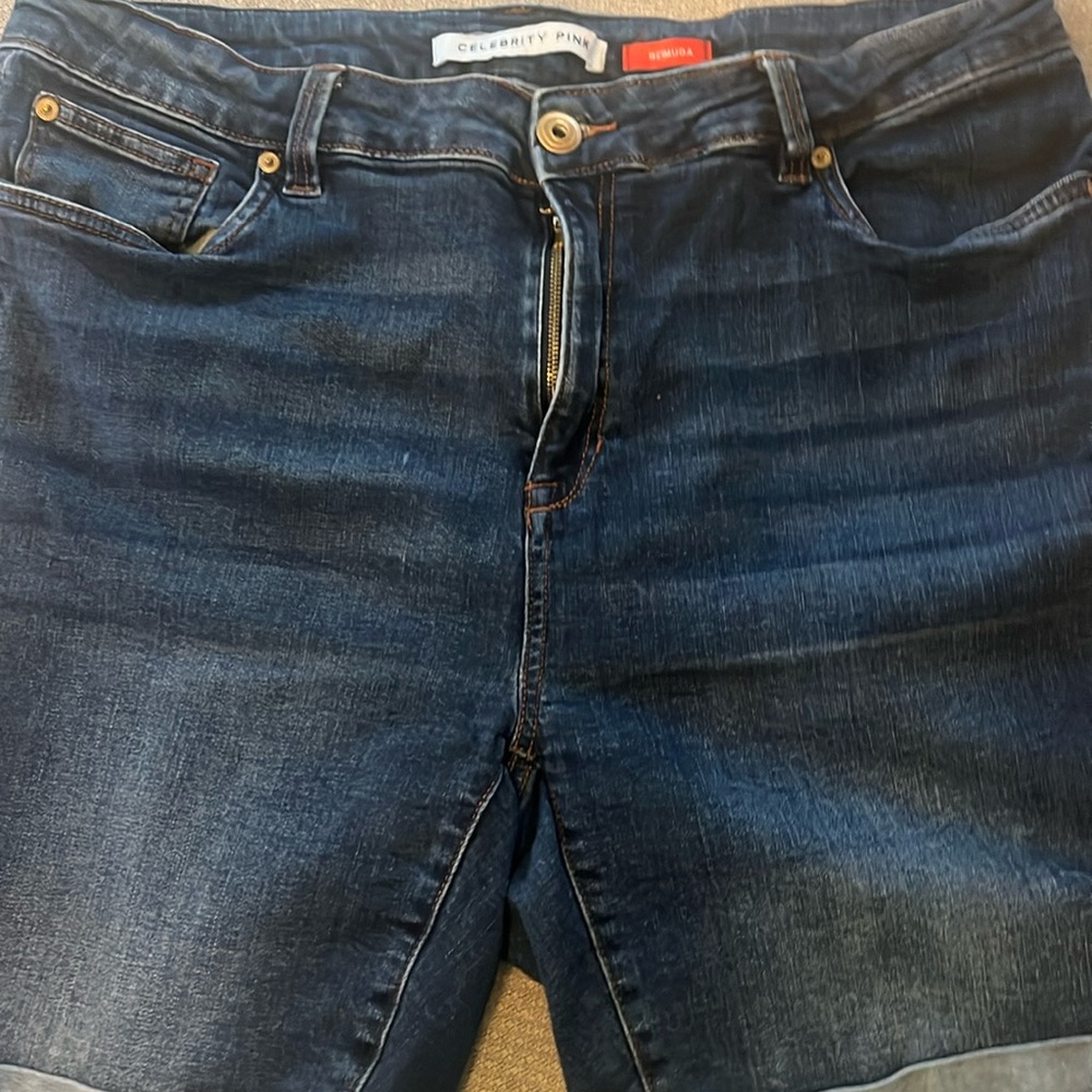 Celebrity Pink Bermuda 5-pocket denim shorts, variable dark wash, cuffed hem